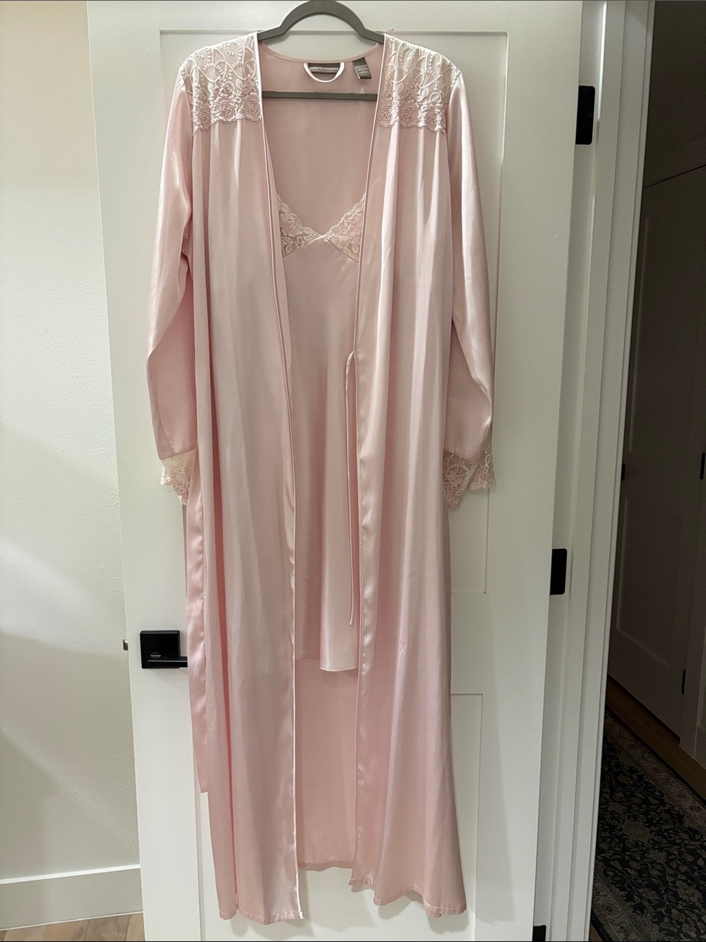 Vintage Valerie Stevens Pink Satin Peignoir Robe Gown Set XL Lace Coquette
